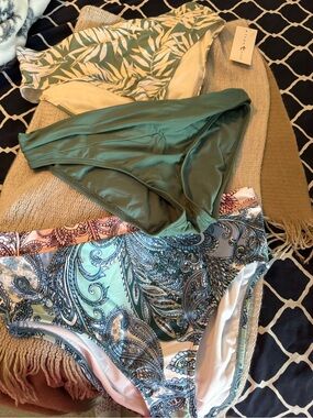 3 Women’s Green Bikini Bottoms - Olive & Leaf Print Swimwear